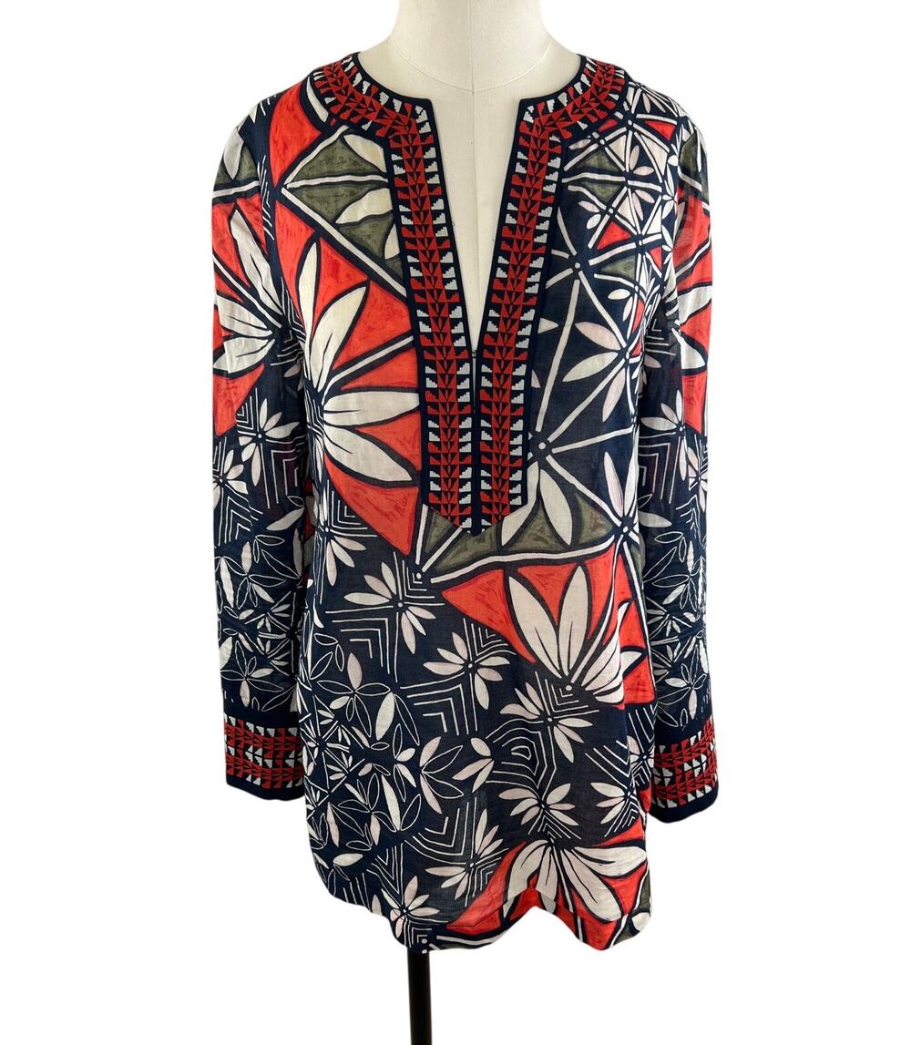 Tory Burch Geometric Blue Orange Print Long Sleeve Cotton Tunic Cover Up Size 4